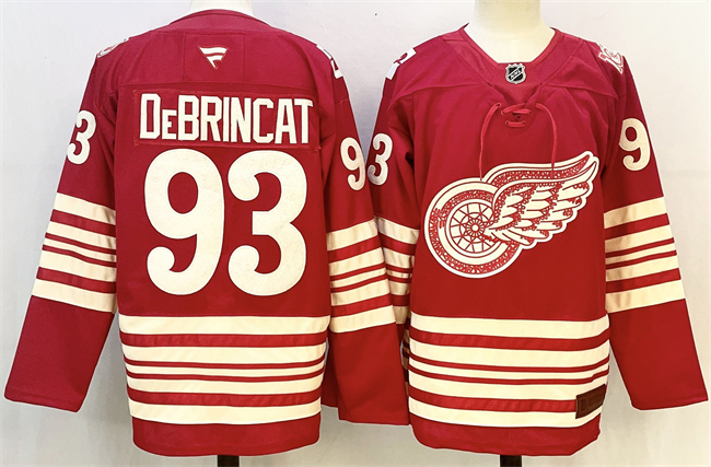 Men's Detroit Red Wings #93 Alex DeBrincat  Red 2025-26 Centennial Premium Stitched Hockey Jersey